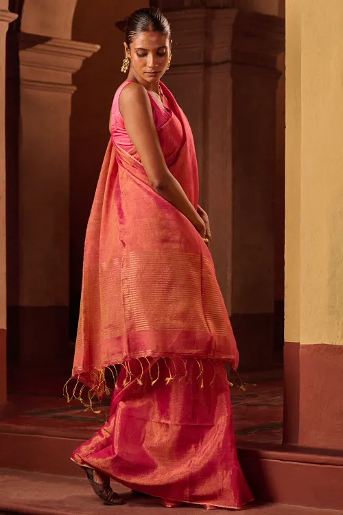 The ICH Bengal Elegance. Handwoven Tissue & Linen Saree - Ruby Blush - Image 4
