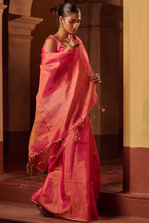The ICH Bengal Elegance. Handwoven Tissue & Linen Saree - Ruby Blush - Image 5
