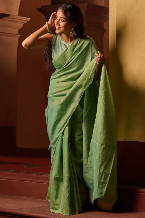 The ICH Bengal Elegance. Handwoven Tissue & Linen Saree - Sage Reverie