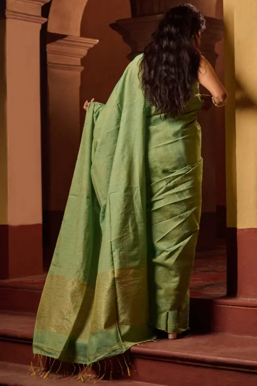 The ICH Bengal Elegance. Handwoven Tissue & Linen Saree - Sage Reverie - Image 3