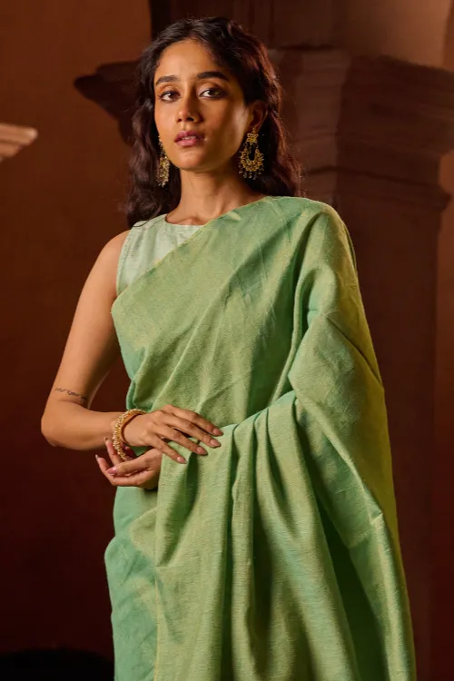 The ICH Bengal Elegance. Handwoven Tissue & Linen Saree - Sage Reverie - Image 5