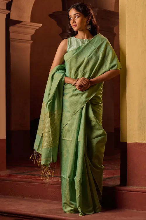 The ICH Bengal Elegance. Handwoven Tissue & Linen Saree - Sage Reverie - Image 6