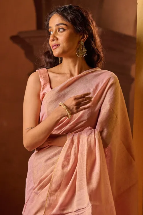 The ICH Bengal Elegance. Handwoven Tissue & Linen Saree - Soft Blush - Image 2
