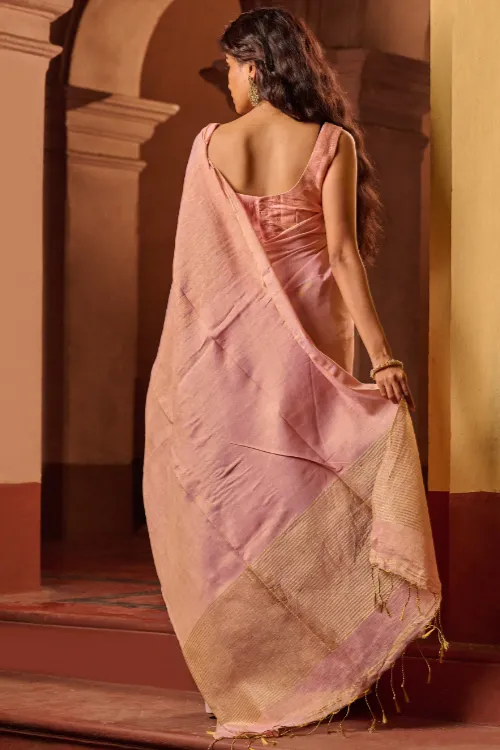 The ICH Bengal Elegance. Handwoven Tissue & Linen Saree - Soft Blush - Image 3