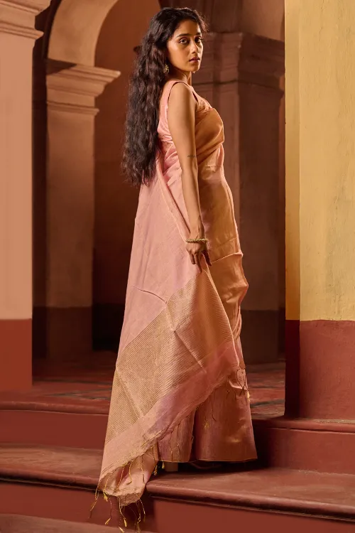 The ICH Bengal Elegance. Handwoven Tissue & Linen Saree - Soft Blush - Image 4