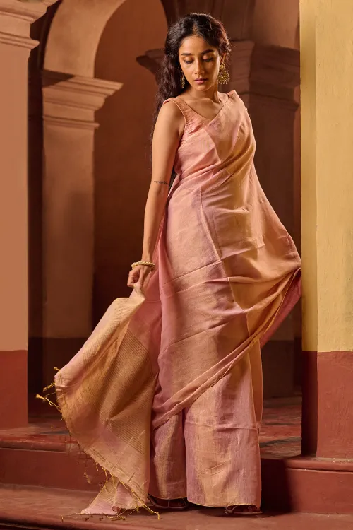 The ICH Bengal Elegance. Handwoven Tissue & Linen Saree - Soft Blush - Image 5