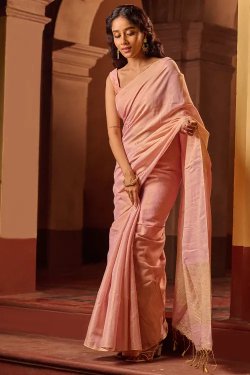 The ICH Bengal Elegance. Handwoven Tissue & Linen Saree - Soft Blush - Image 6