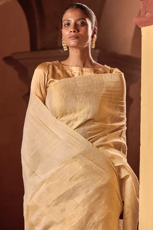 The ICH Bengal Elegance. Handwoven Tissue & Linen Saree - Soft Cream - Image 2