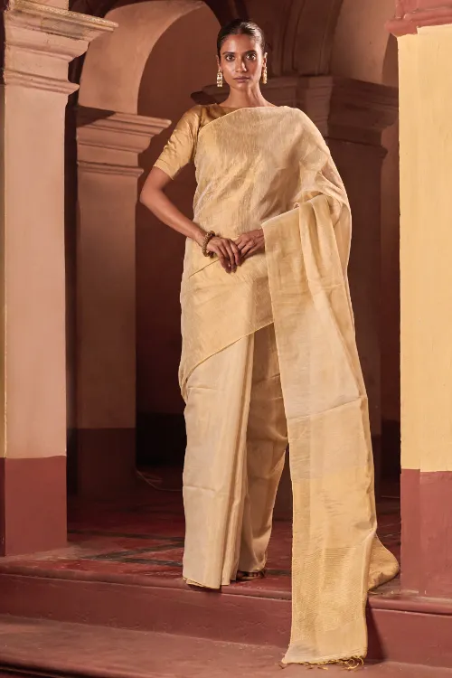 The ICH Bengal Elegance. Handwoven Tissue & Linen Saree - Soft Cream - Image 3