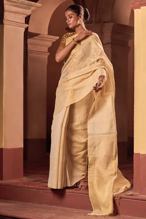 The ICH Bengal Elegance. Handwoven Tissue & Linen Saree - Soft Cream - Image 4