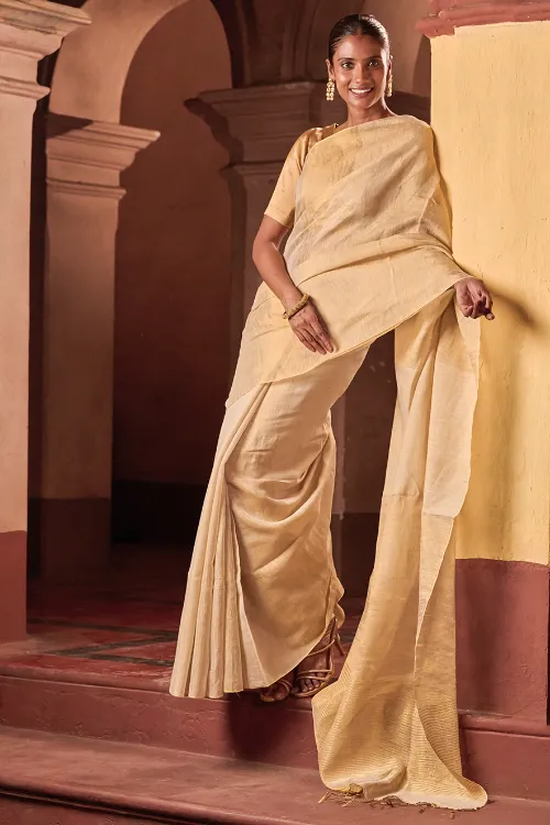 The ICH Bengal Elegance. Handwoven Tissue & Linen Saree - Soft Cream - Image 5