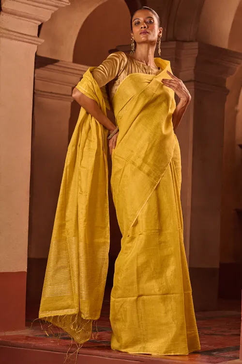 The ICH Bengal Elegance. Handwoven Tissue & Linen Saree - Sunlit Amber - Image 2