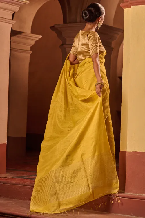 The ICH Bengal Elegance. Handwoven Tissue & Linen Saree - Sunlit Amber - Image 4