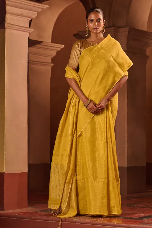 The ICH Bengal Elegance. Handwoven Tissue & Linen Saree - Sunlit Amber - Image 5