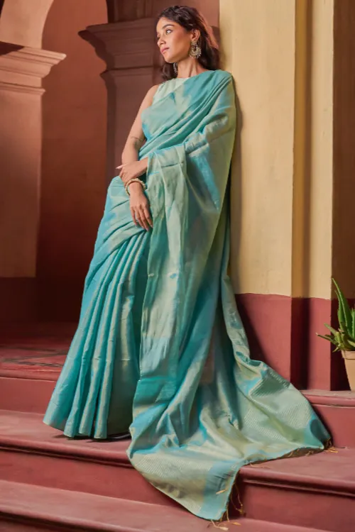 The ICH Bengal Elegance. Handwoven Tissue & Linen Saree - Turquoise Soft Gold