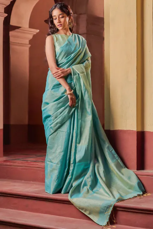 The ICH Bengal Elegance. Handwoven Tissue & Linen Saree - Turquoise Soft Gold - Image 4
