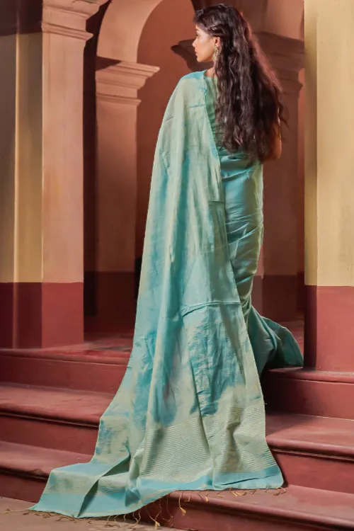 The ICH Bengal Elegance. Handwoven Tissue & Linen Saree - Turquoise Soft Gold - Image 5