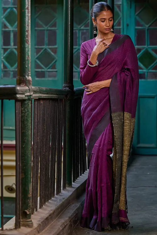 The ICH Bengal Vibes. Elegant Handwoven Linen Saree - Mulberry Patch - Image 2