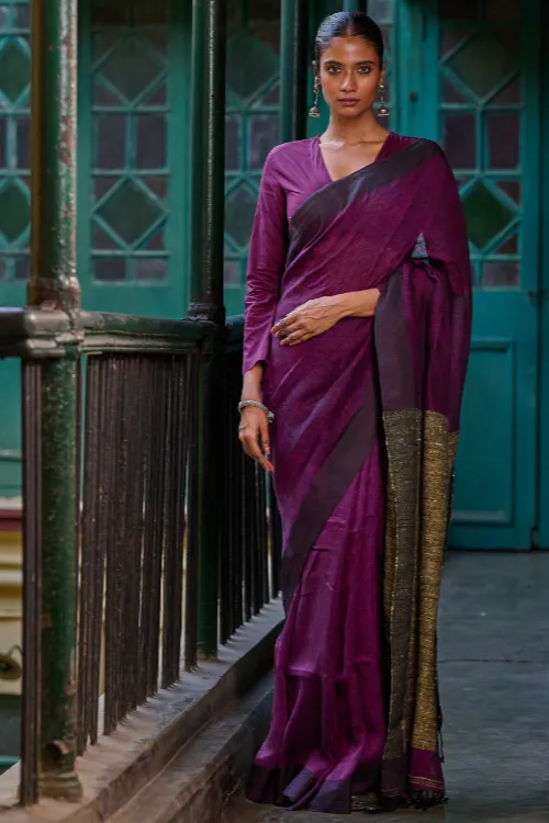 The ICH Bengal Vibes. Elegant Handwoven Linen Saree - Mulberry Patch - Image 3