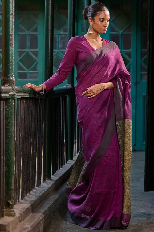 The ICH Bengal Vibes. Elegant Handwoven Linen Saree - Mulberry Patch - Image 4