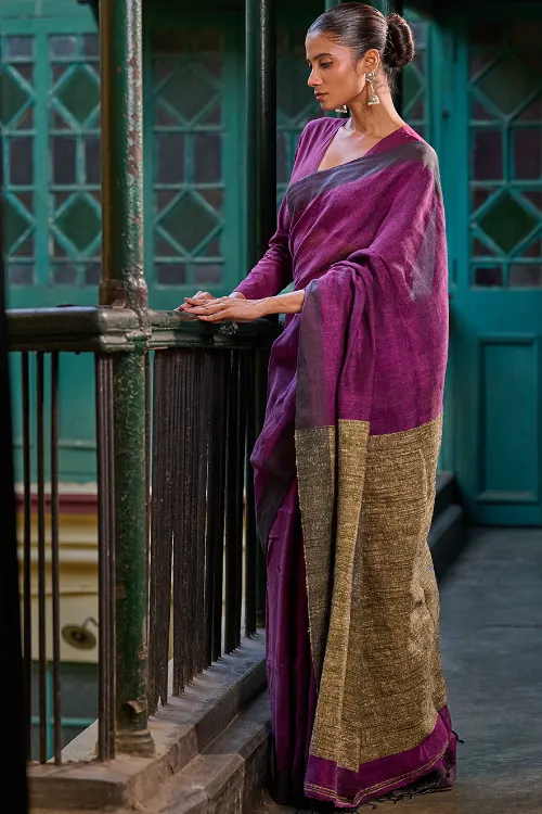 The ICH Bengal Vibes. Elegant Handwoven Linen Saree - Mulberry Patch - Image 5