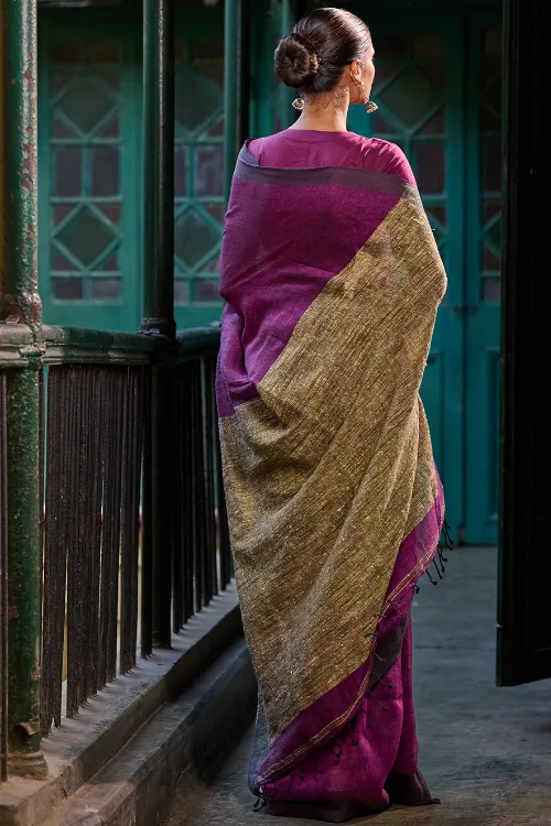 The ICH Bengal Vibes. Elegant Handwoven Linen Saree - Mulberry Patch - Image 6