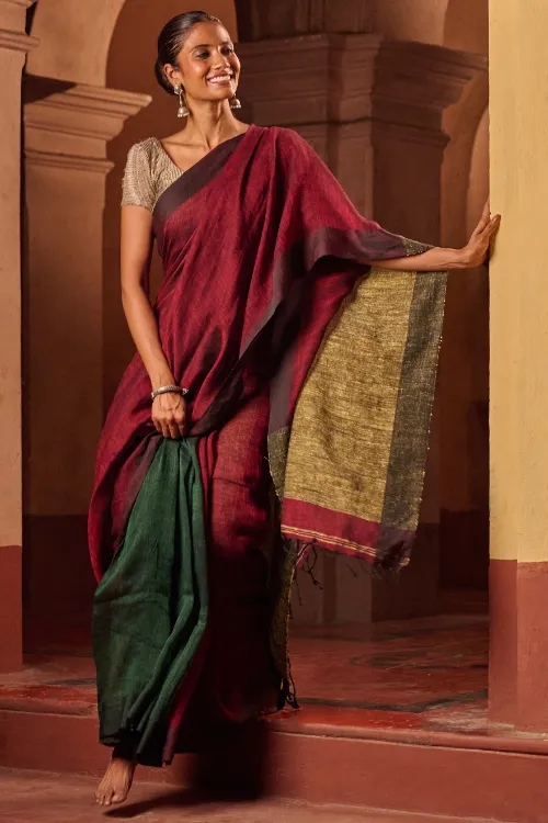 The ICH Bengal Vibes. Elegant Handwoven Patli Linen Saree - Crimson Drape - Image 3