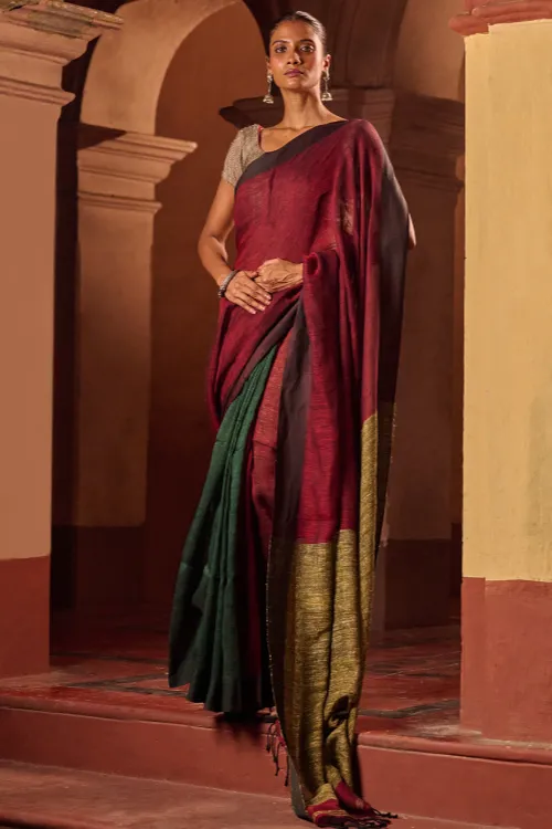 The ICH Bengal Vibes. Elegant Handwoven Patli Linen Saree - Crimson Drape - Image 4