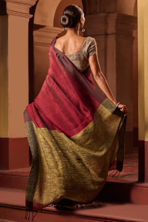The ICH Bengal Vibes. Elegant Handwoven Patli Linen Saree - Crimson Drape - Image 5