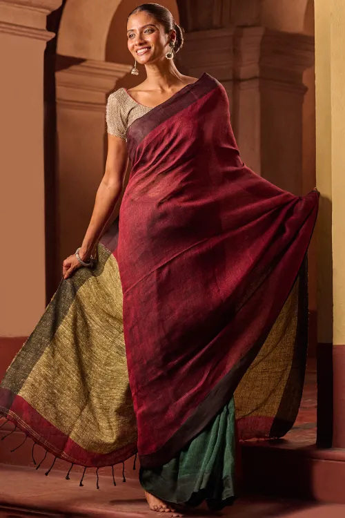 The ICH Bengal Vibes. Elegant Handwoven Patli Linen Saree - Crimson Drape - Image 6