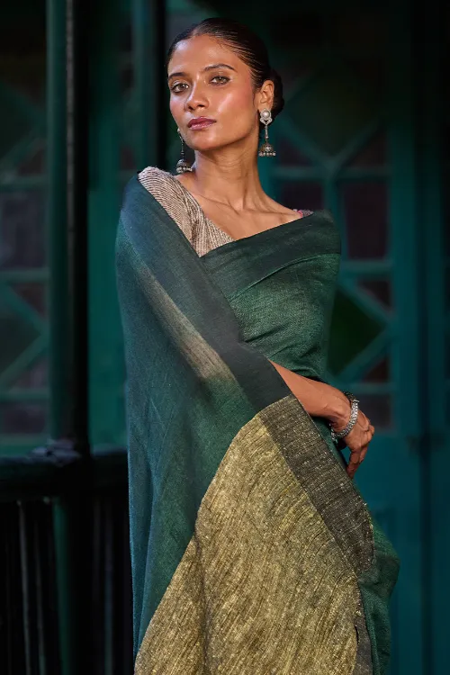 The ICH Bengal Vibes. Elegant Handwoven Patli Linen Saree - Forest Reverie - Image 2