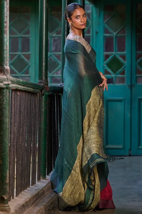 The ICH Bengal Vibes. Elegant Handwoven Patli Linen Saree - Forest Reverie - Image 3