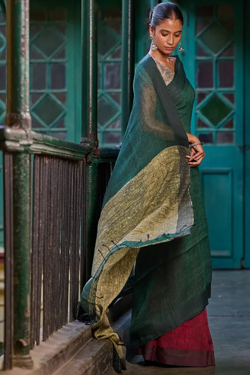 The ICH Bengal Vibes. Elegant Handwoven Patli Linen Saree - Forest Reverie - Image 4