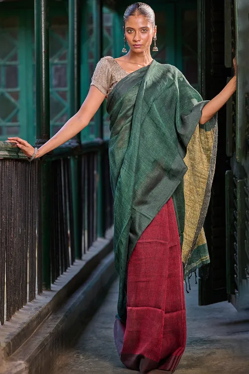 The ICH Bengal Vibes. Elegant Handwoven Patli Linen Saree - Forest Reverie - Image 5