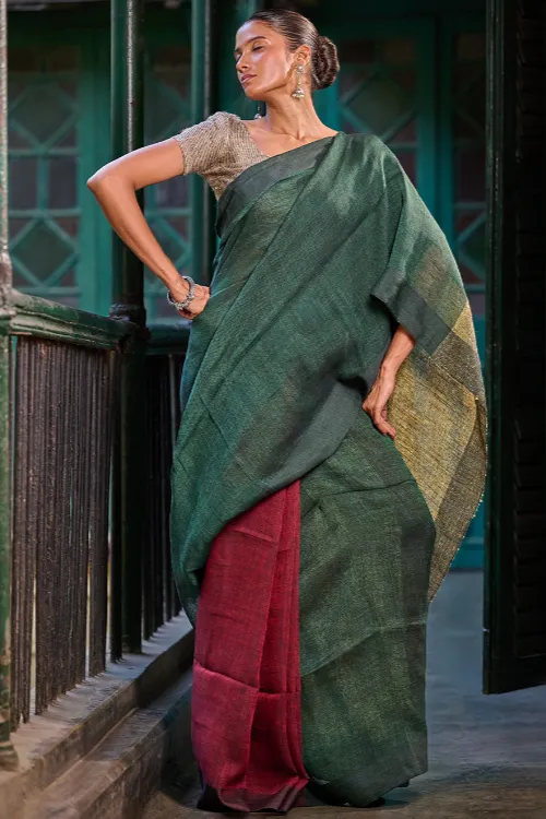 The ICH Bengal Vibes. Elegant Handwoven Patli Linen Saree - Forest Reverie - Image 7