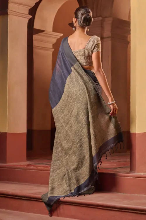 The ICH Bengal Vibes. Elegant Handwoven Patli Linen Saree - Midnight Ash - Image 6