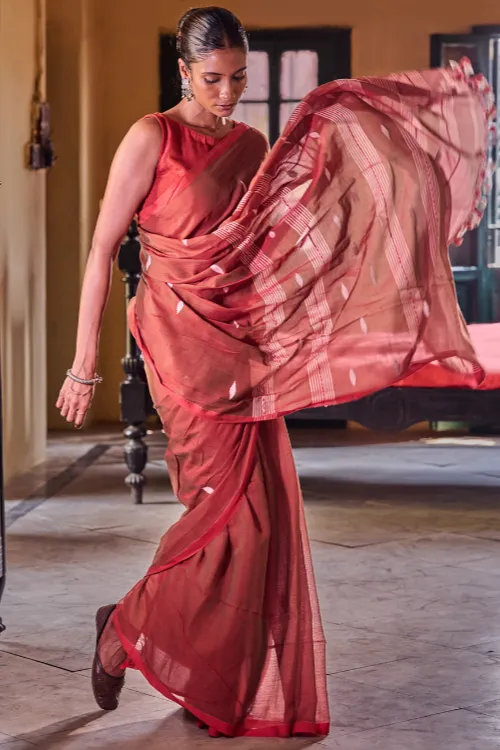 The ICH Bengal Vibes. Handwoven Jamdani Soft Mul Cotton Saree - Coral Red - Image 6