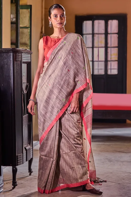 The ICH Bengal Vibes. Handwoven Jamdani Soft Mul Cotton Saree - Grey Whisper - Image 2