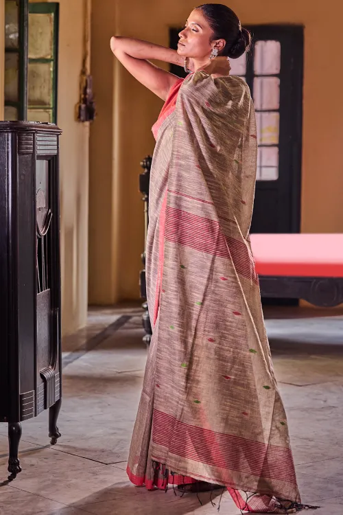 The ICH Bengal Vibes. Handwoven Jamdani Soft Mul Cotton Saree - Grey Whisper - Image 4