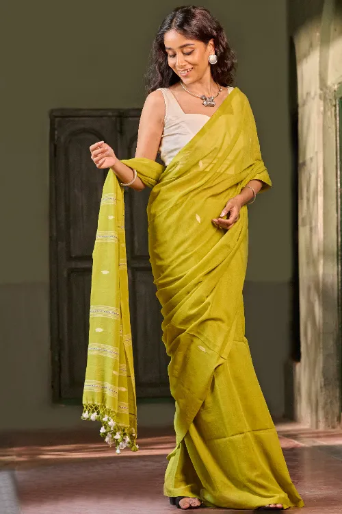 The ICH Bengal Vibes. Handwoven Jamdani Soft Mul Cotton Saree - Lime Poetry - Image 4