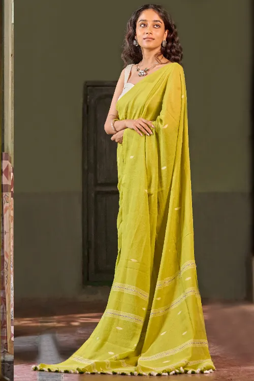 The ICH Bengal Vibes. Handwoven Jamdani Soft Mul Cotton Saree - Lime Poetry - Image 6