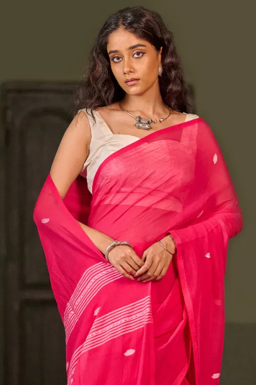 The ICH Bengal Vibes. Handwoven Jamdani Soft Mul Cotton Saree - Vibrant Blush - Image 2