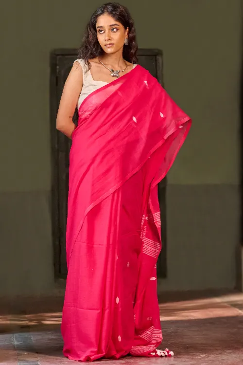 The ICH Bengal Vibes. Handwoven Jamdani Soft Mul Cotton Saree - Vibrant Blush - Image 3
