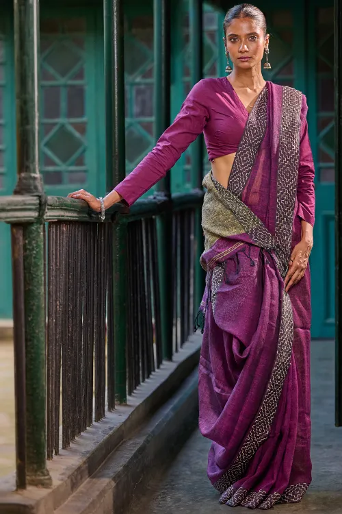The ICH Bengal Vibes. Handwoven Linen & Kantha Border Saree - Mulberry Bush - Image 3