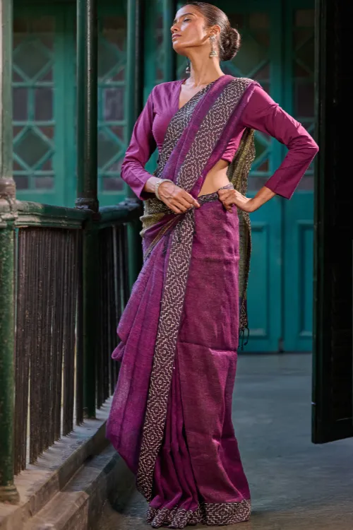 The ICH Bengal Vibes. Handwoven Linen & Kantha Border Saree - Mulberry Bush - Image 4