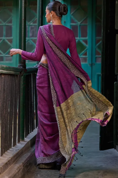 The ICH Bengal Vibes. Handwoven Linen & Kantha Border Saree - Mulberry Bush - Image 5