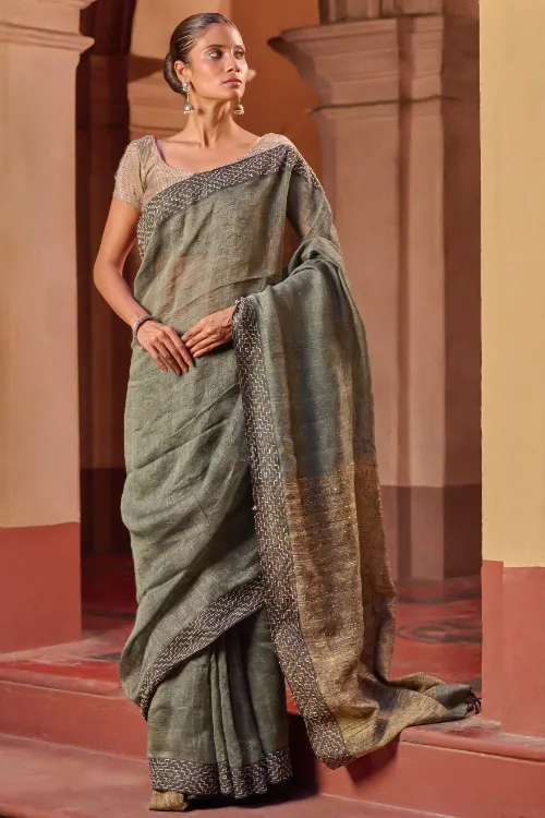 The ICH Bengal Vibes. Handwoven Linen & Kantha Border Saree - Muted Grey