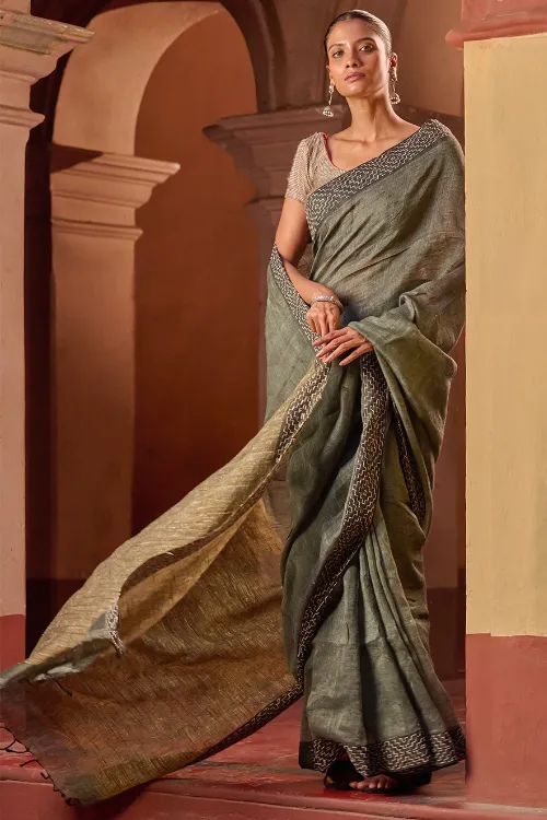 The ICH Bengal Vibes. Handwoven Linen & Kantha Border Saree - Muted Grey - Image 2
