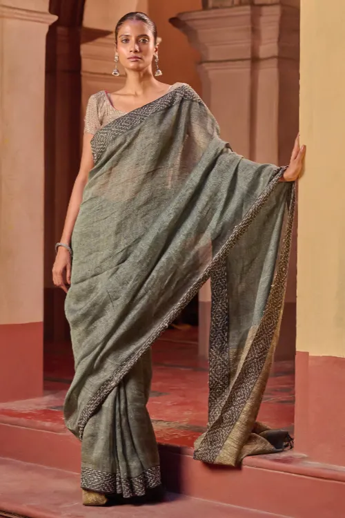 The ICH Bengal Vibes. Handwoven Linen & Kantha Border Saree - Muted Grey - Image 3