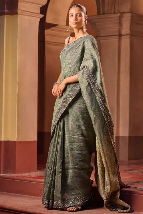 The ICH Bengal Vibes. Handwoven Linen & Kantha Border Saree - Muted Grey - Image 4